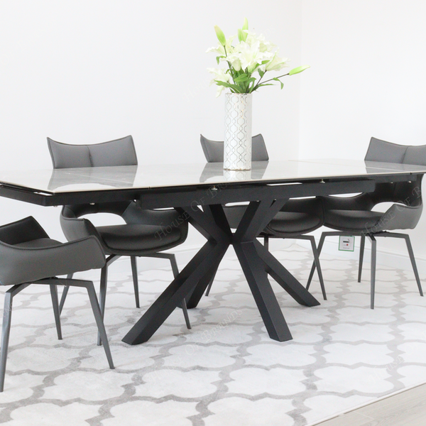 Phoenix Extendable Ceramic Dining Table and 4 Grey Rafaello Swivel Dining Chairs