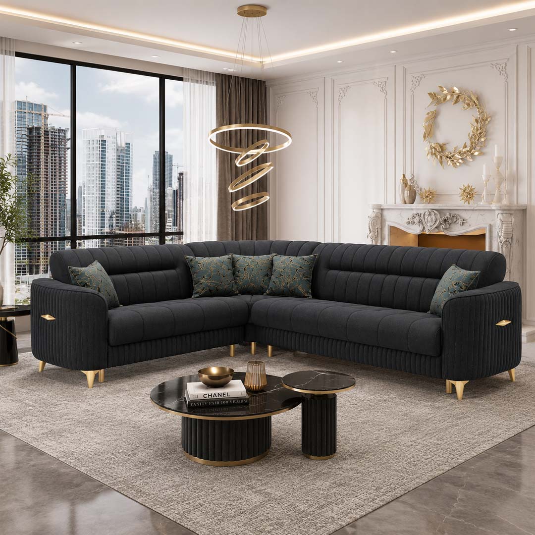 Pera Casalux Black Suede Corner Sofa Bed Set