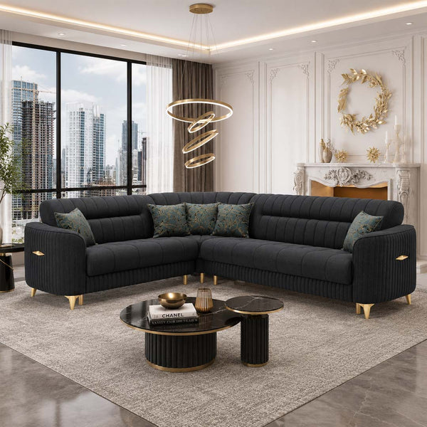 Pera Casalux Black Suede Corner Sofa Bed Set