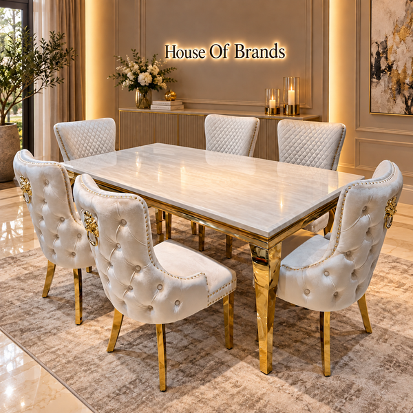 200cm Cream and Gold Louis Marble Dining Table with 8 Cream and Gold Victoria Velvet Chairs
