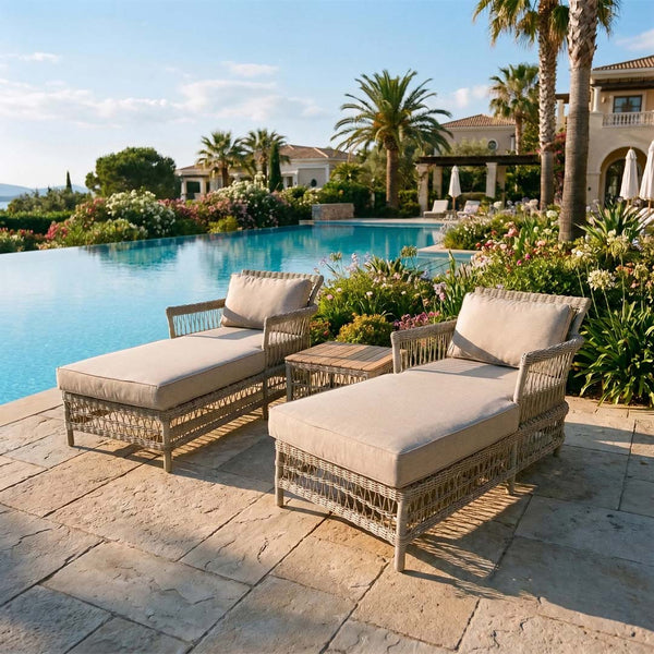 Porto Rattan Sun Lounger Set of 2 with Acacia Side Table