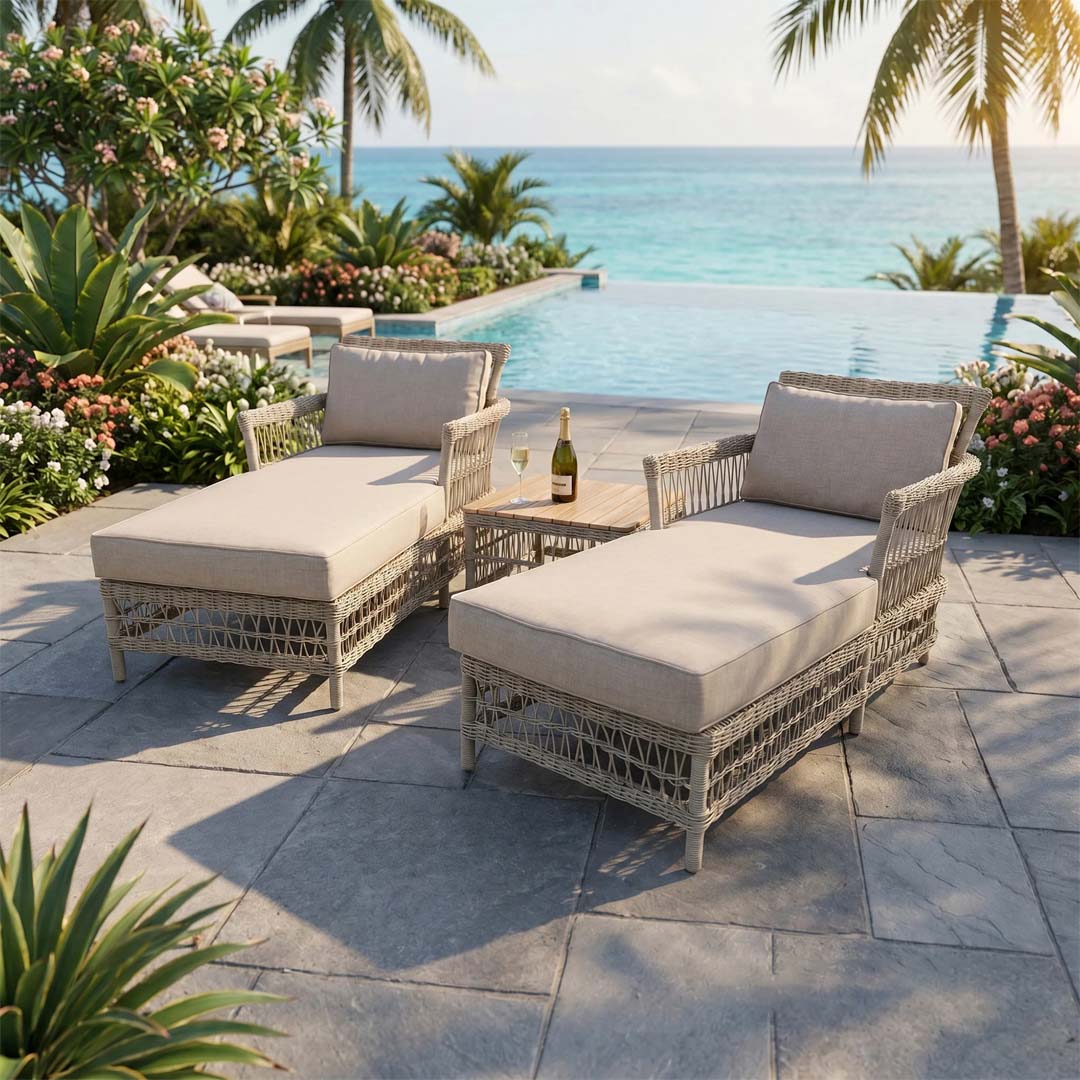 Porto Rattan Sun Lounger Set of 2 with Acacia Side Table