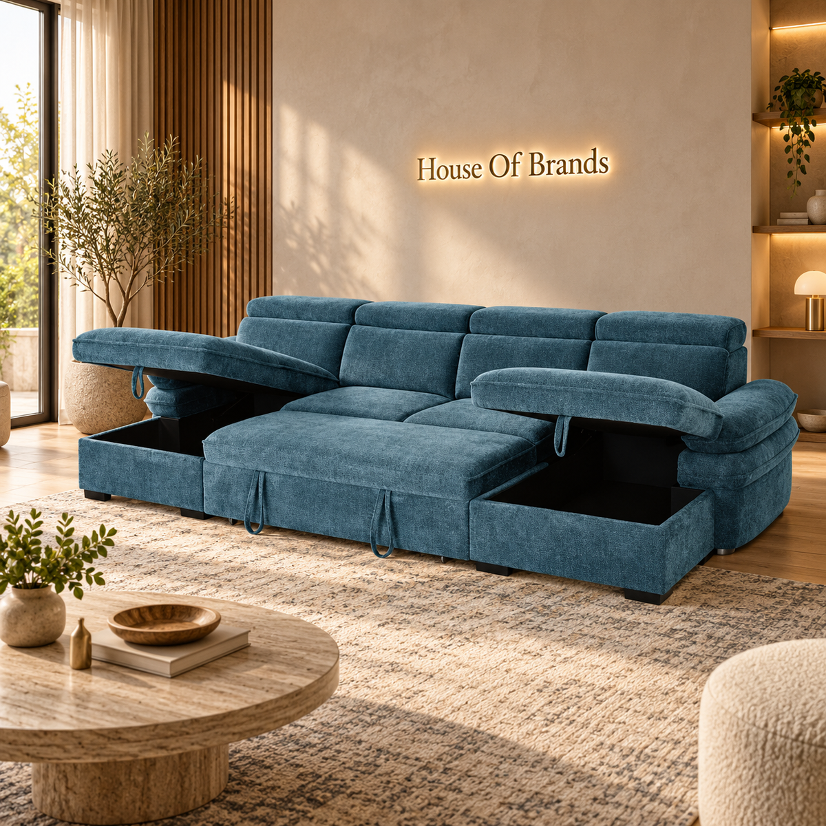 Billie Blue Large U Shaped Sofa Bed with Lift Up Storage
