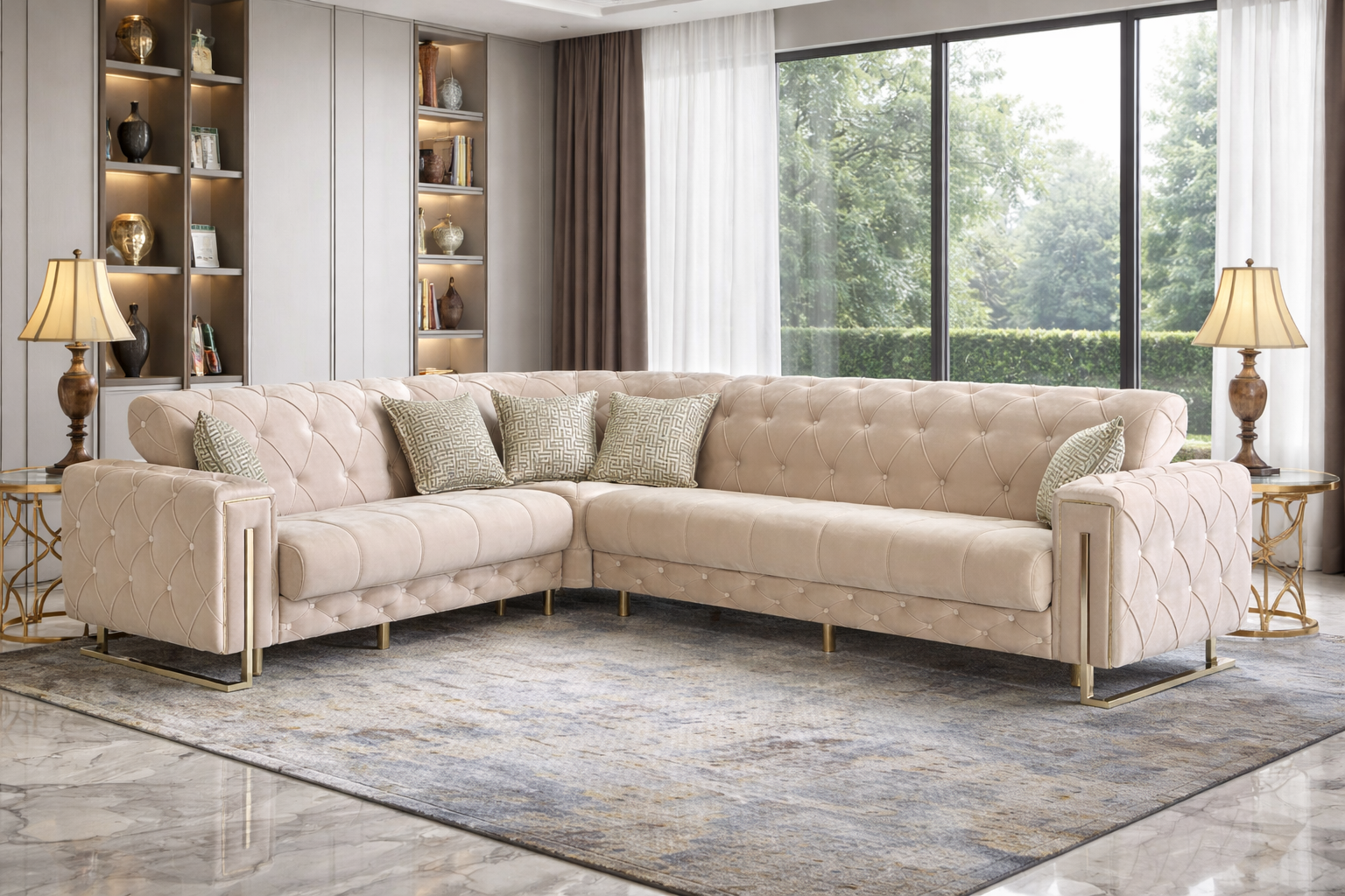 Puntoh Cream & Gold Corner Sofa Bed with Storage