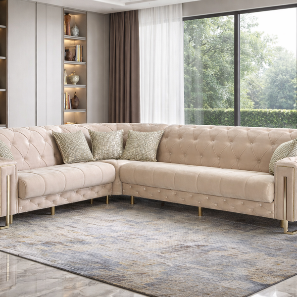 Puntoh Cream & Gold Corner Sofa Bed with Storage