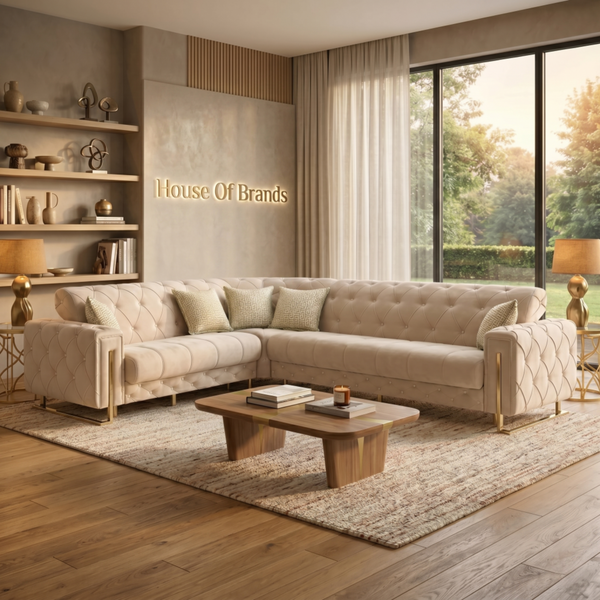 Puntoh Cream & Gold Corner Sofa Bed with Storage