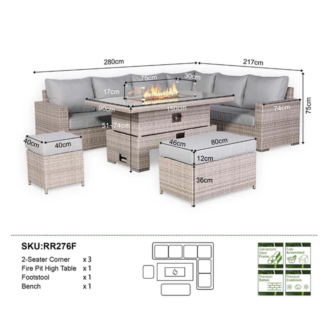 Santorini Corner Large Dining Set with Rising Firepit Table (Right Hand)