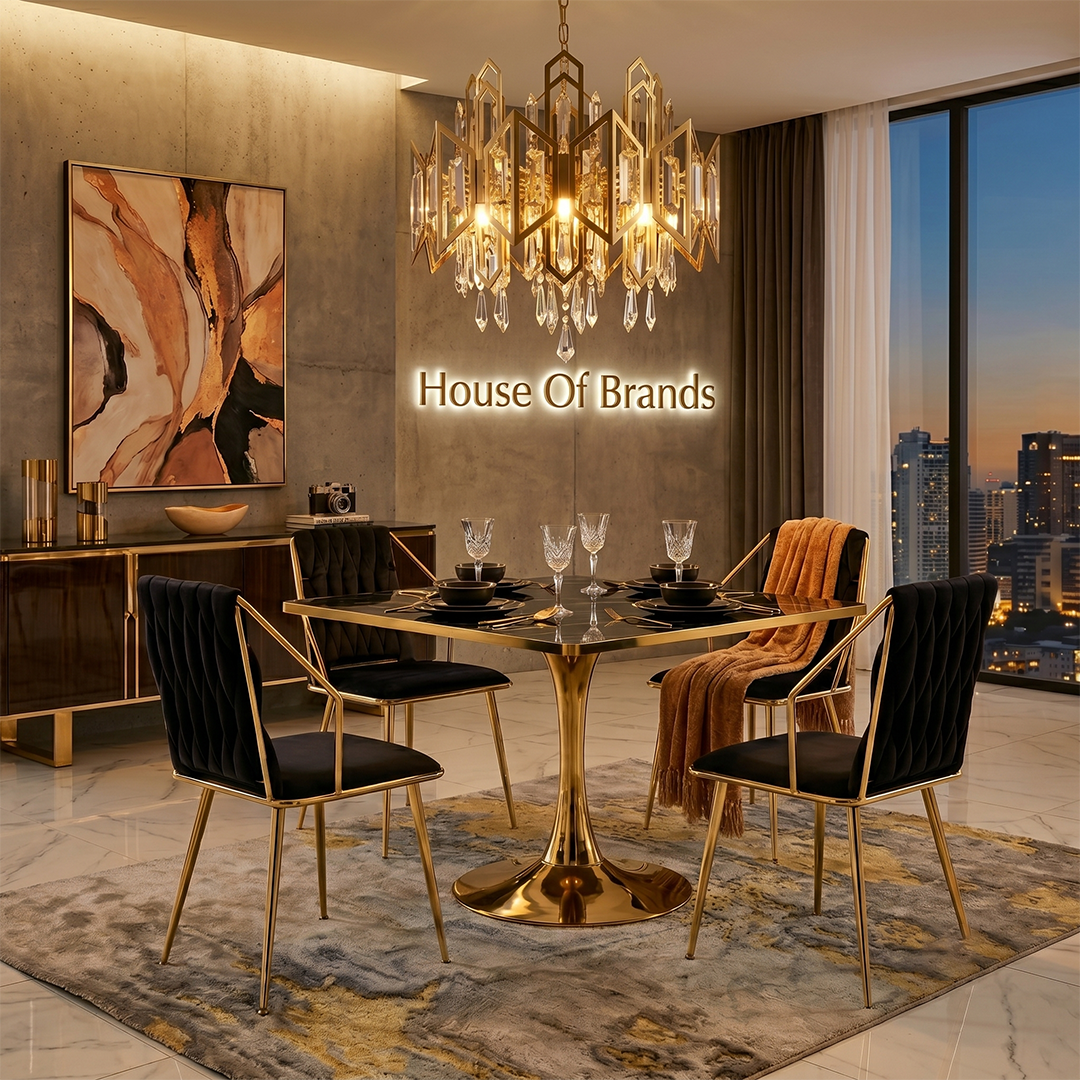 Rosalia Square Black Marble & Gold Dining Set with 4 Dalia Chairs