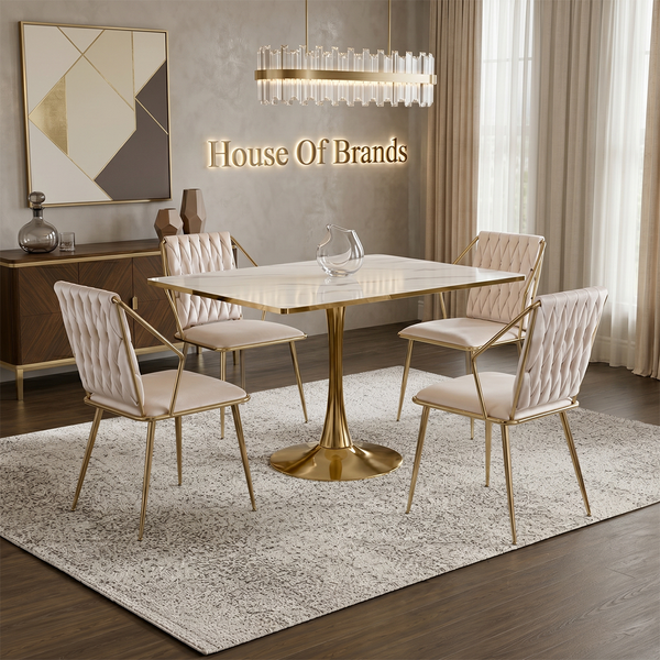 Rosalia Square White Marble & Gold Dining Set with 4 Dalia Chairs