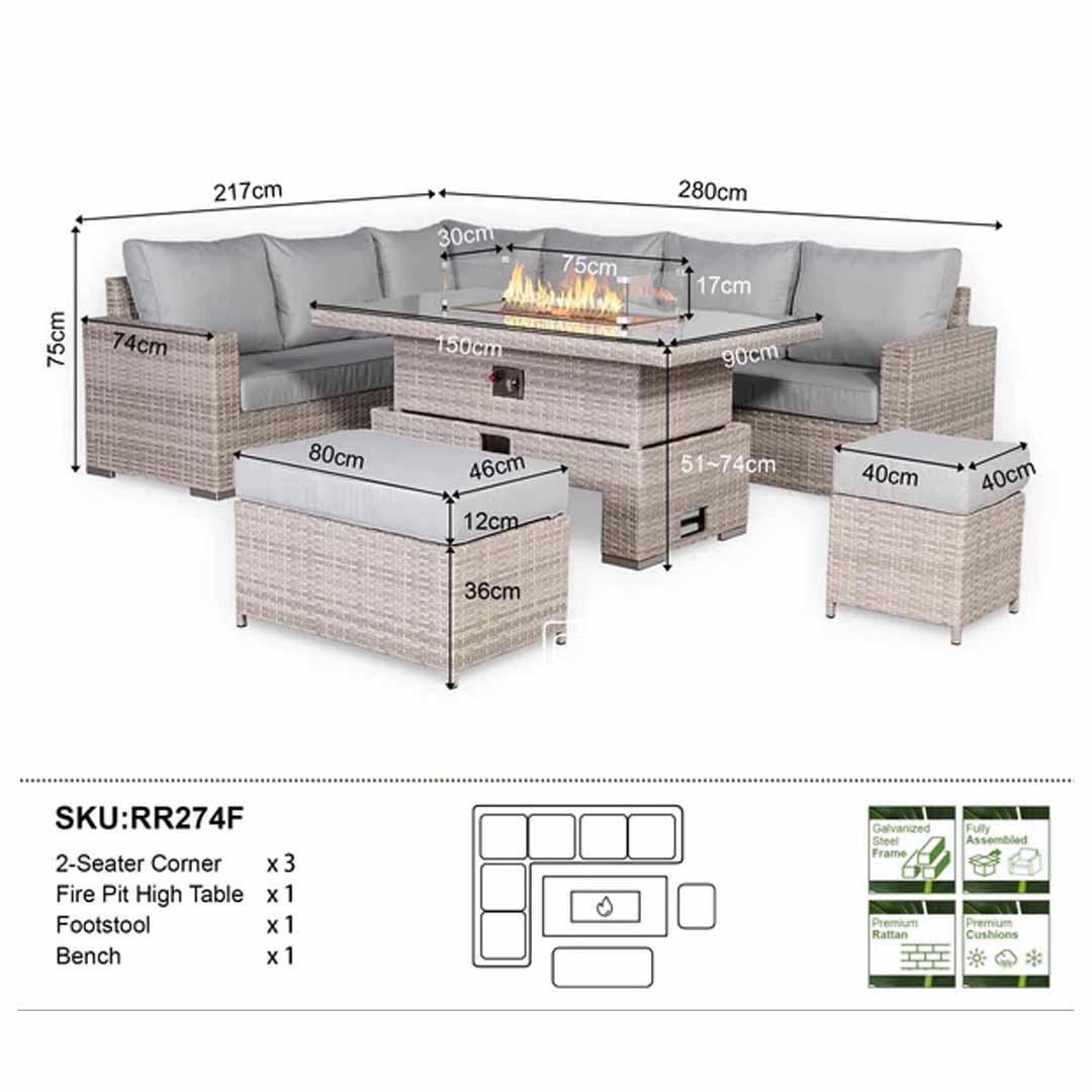 Santorini Corner Large Dining Set with Rising Firepit Table (Left Hand)