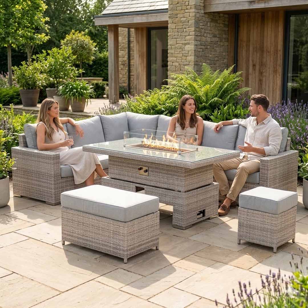 Santorini Corner Large Dining Set with Rising Firepit Table (Left Hand)
