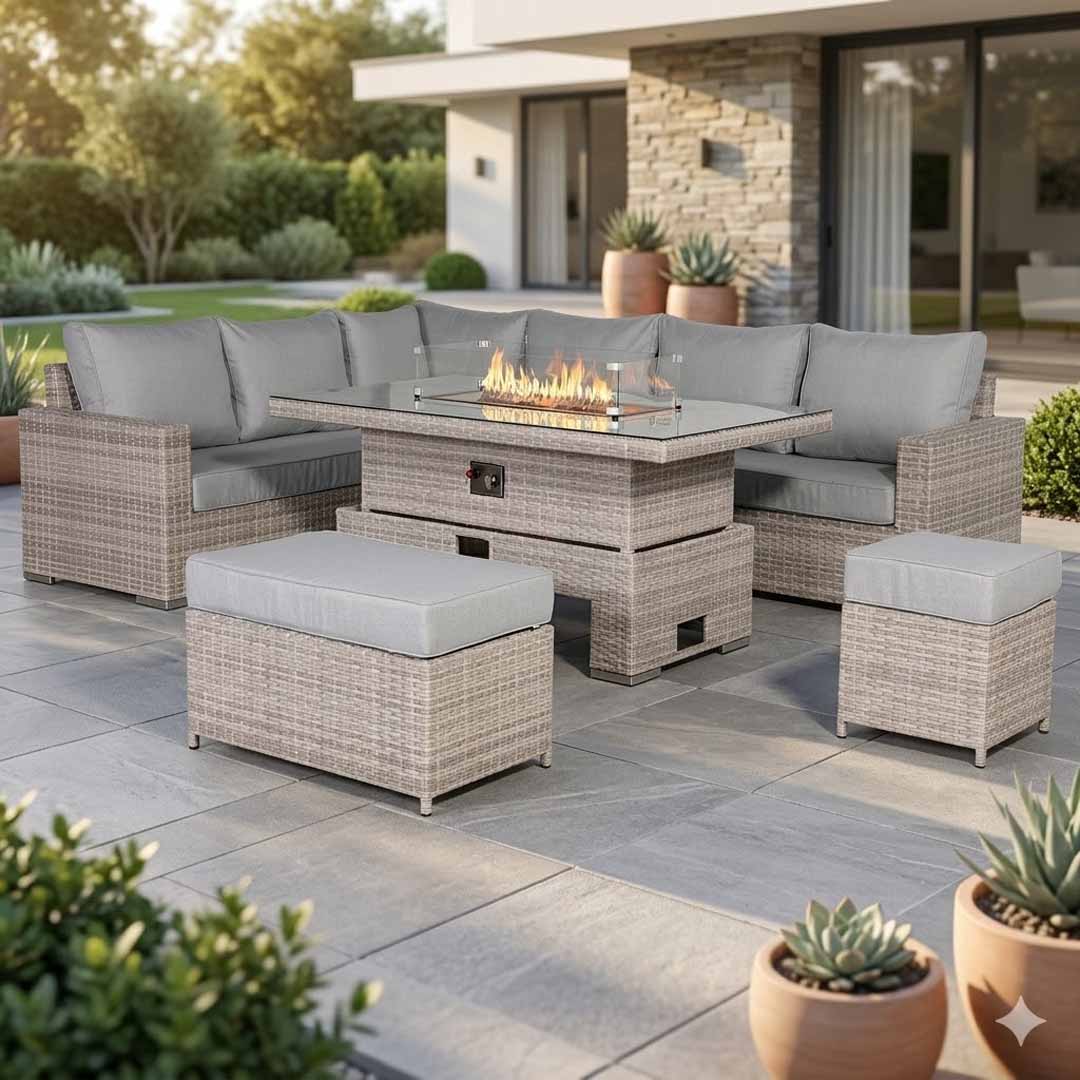 Santorini Corner Large Dining Set with Rising Firepit Table (Left Hand)