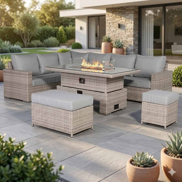 Santorini Corner Large Dining Set with Rising Firepit Table (Left Hand)