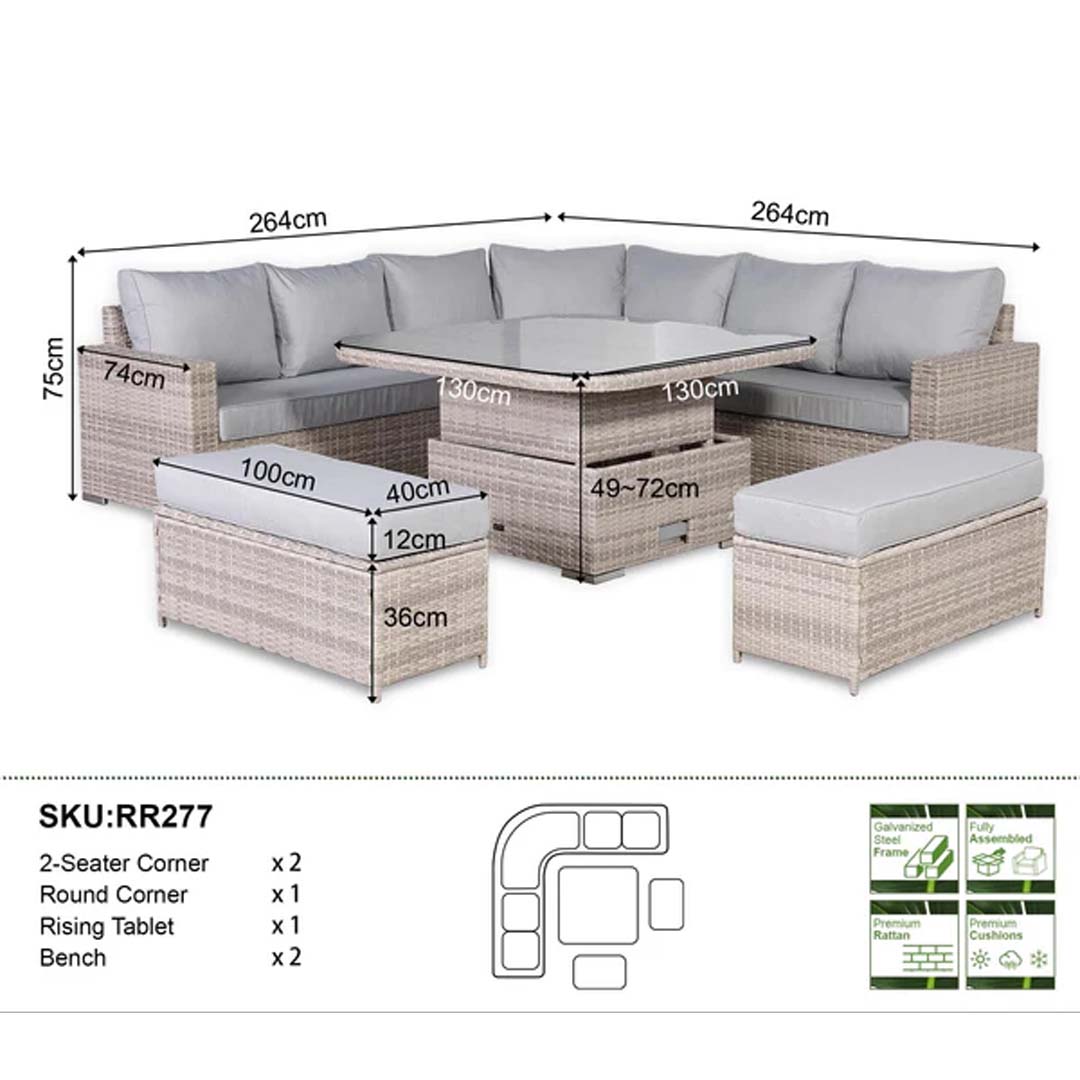 Santorini Large Equal Corner Dining Set with Rising Table