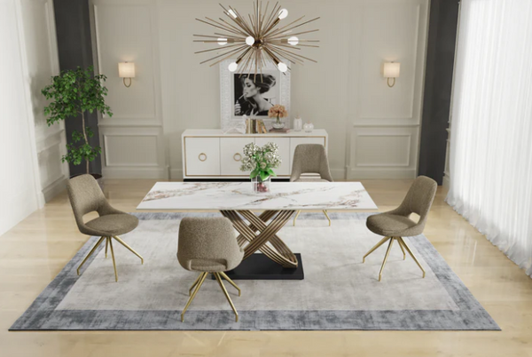 Mattia 180cm Ceramic Dining Table With Boucle Gold Leg Dining Chairs