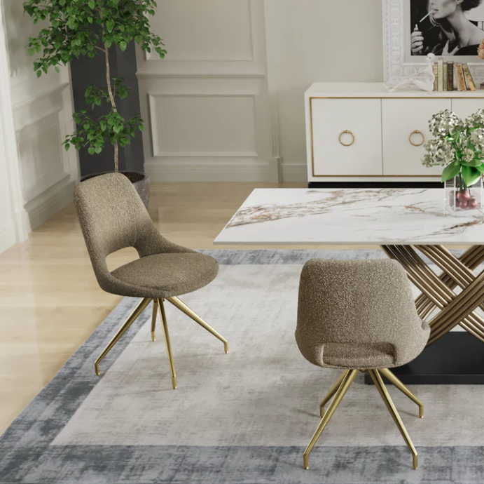 Mattia 180cm Ceramic Dining Table With Boucle Gold Leg Dining Chairs