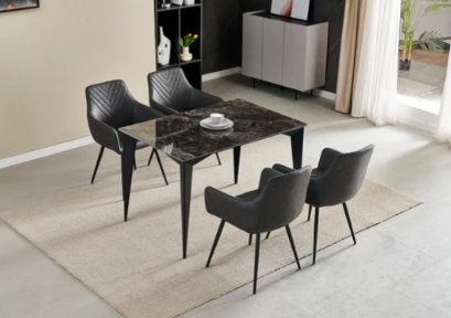 Miami 120cm Black and Gold Ceramic Dining Table + 4 Grey PU Leather Dining Chairs