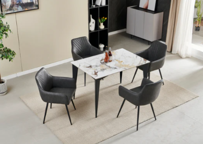 Miami 120cm Cream and Gold Ceramic Dining Table + Grey PU Leather Dining Chairs