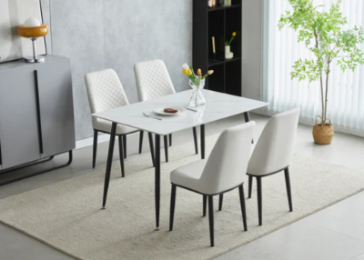 Oxford 120cm White Ceramic Dining Table With 4 White PU Leather Dining Chairs