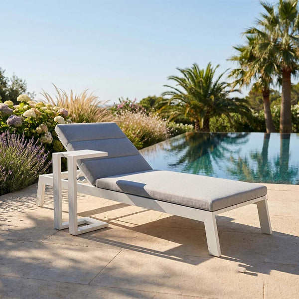 Serra Luxury Outdoor Sun Lounger with Grey Cushion – White Aluminium Poolside Recliner