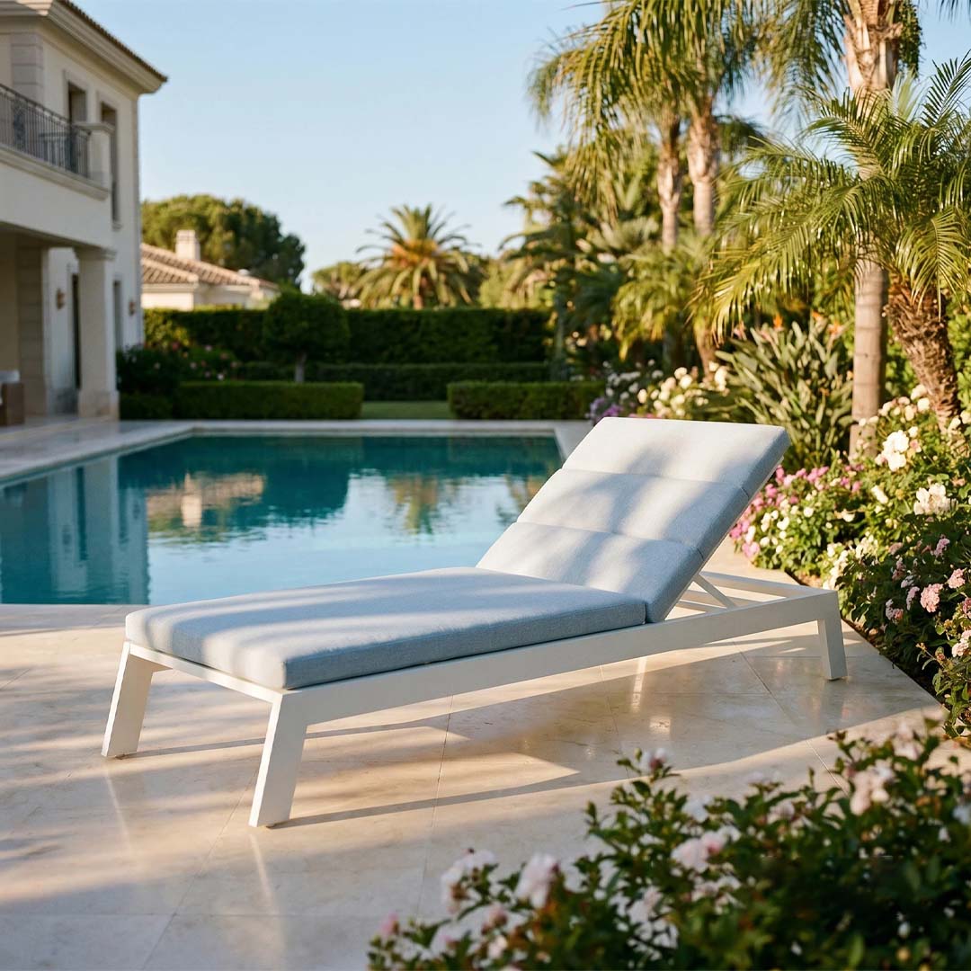 Serra Luxury Outdoor Sun Lounger with Grey Cushion – White Aluminium Poolside Recliner