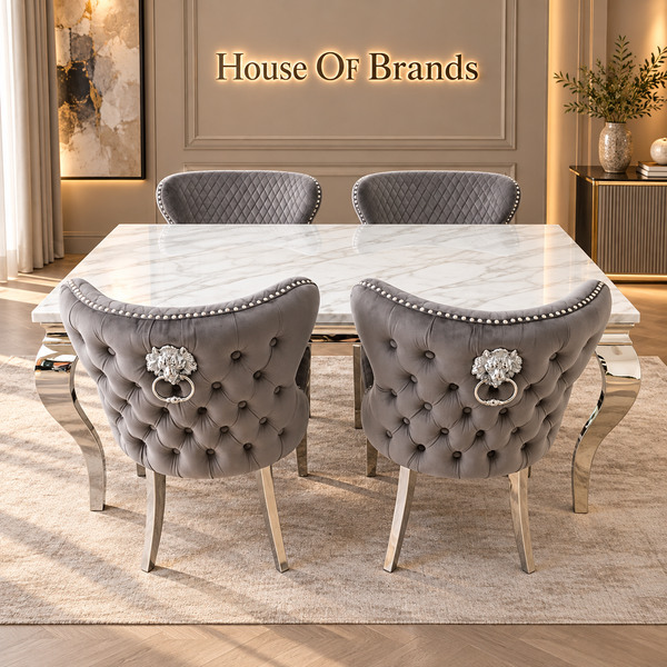 180cm Louis Marble Dining Table with 4 Valentino Knockerback Velvet chairs