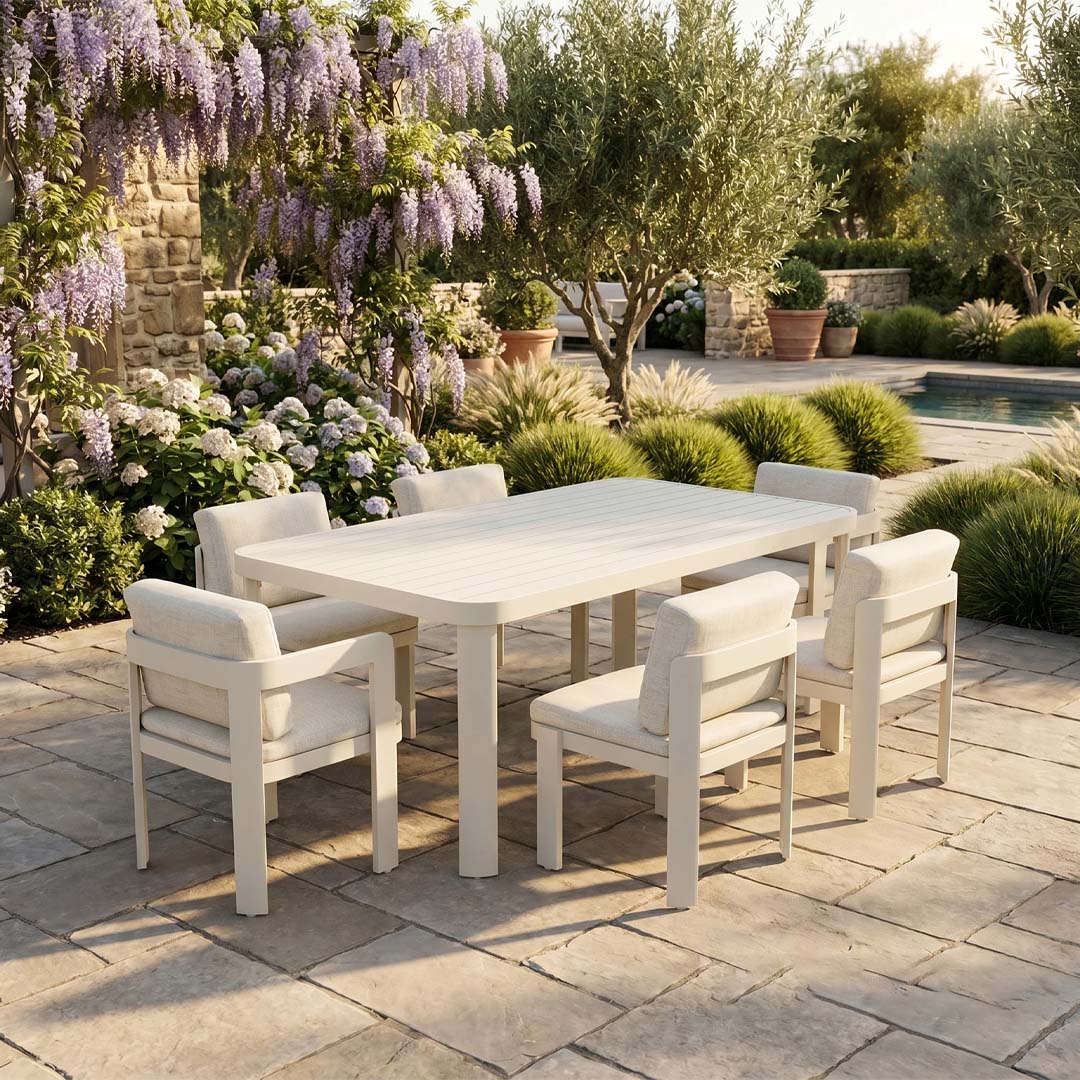 Sorrento 6 Seater Aluminium Garden Dining Set with Rectangular Table – Taupe Outdoor Dining Furniture