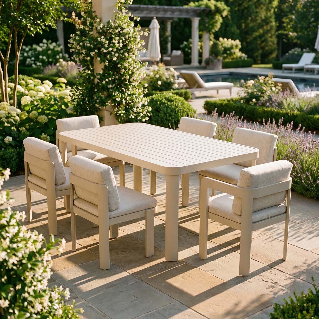 Sorrento 6 Seater Aluminium Garden Dining Set with Rectangular Table – Taupe Outdoor Dining Furniture