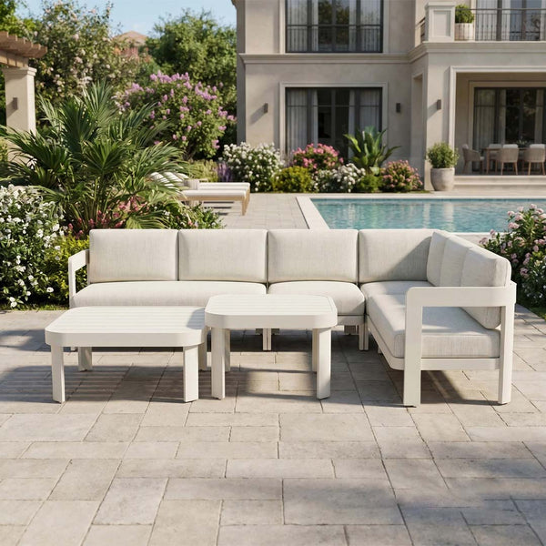 Sorrento 6 Seater Aluminium Garden Corner Sofa Set with 2 Coffee Tables – Taupe Outdoor Lounge Furniture