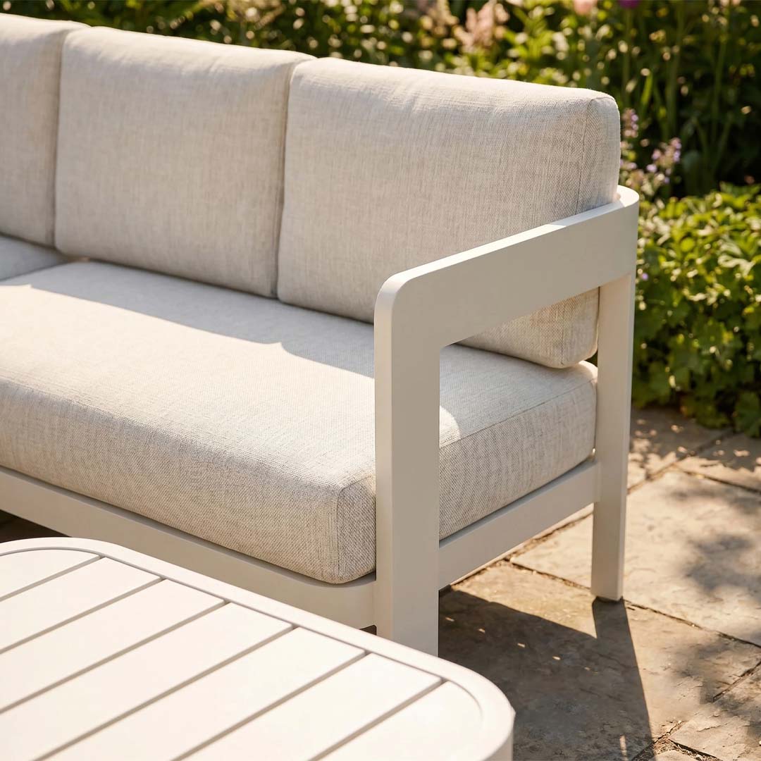Sorrento 6 Seater Aluminium Garden Corner Sofa Set with 2 Coffee Tables – Taupe Outdoor Lounge Furniture