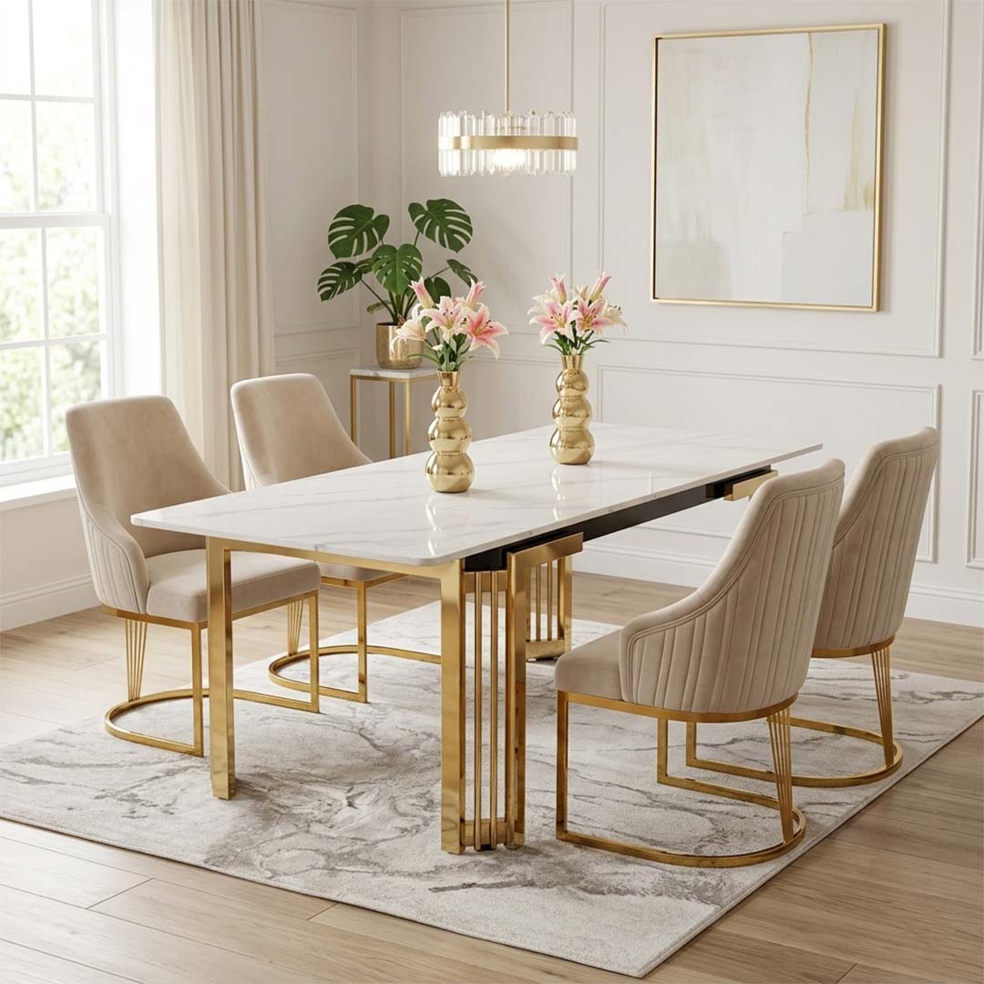 180cm Sorrento Rectangle Gold Ceramic Dining Table and Gold Chelmsford Dining Chairs