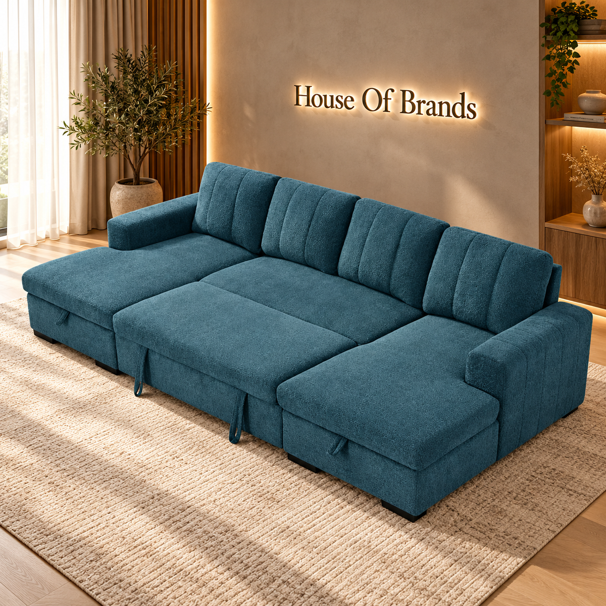 Jesse Blue Large U Shaped Sofa Bed with Storage