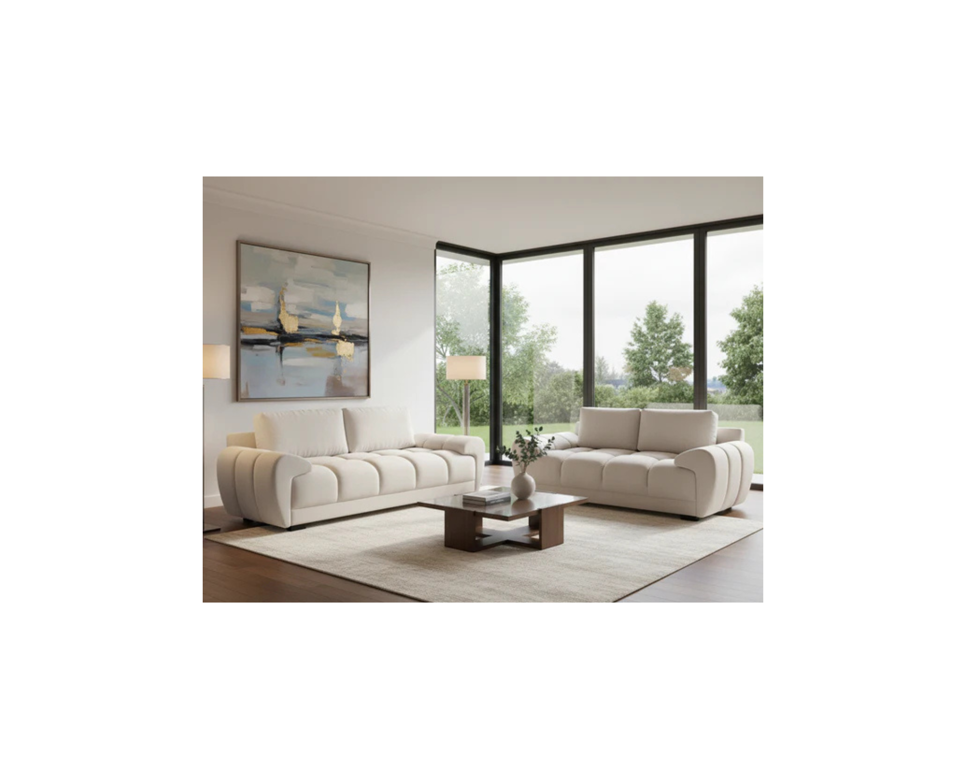 Devoke 3+2 Cream Velvet Sofa Set with Footstool