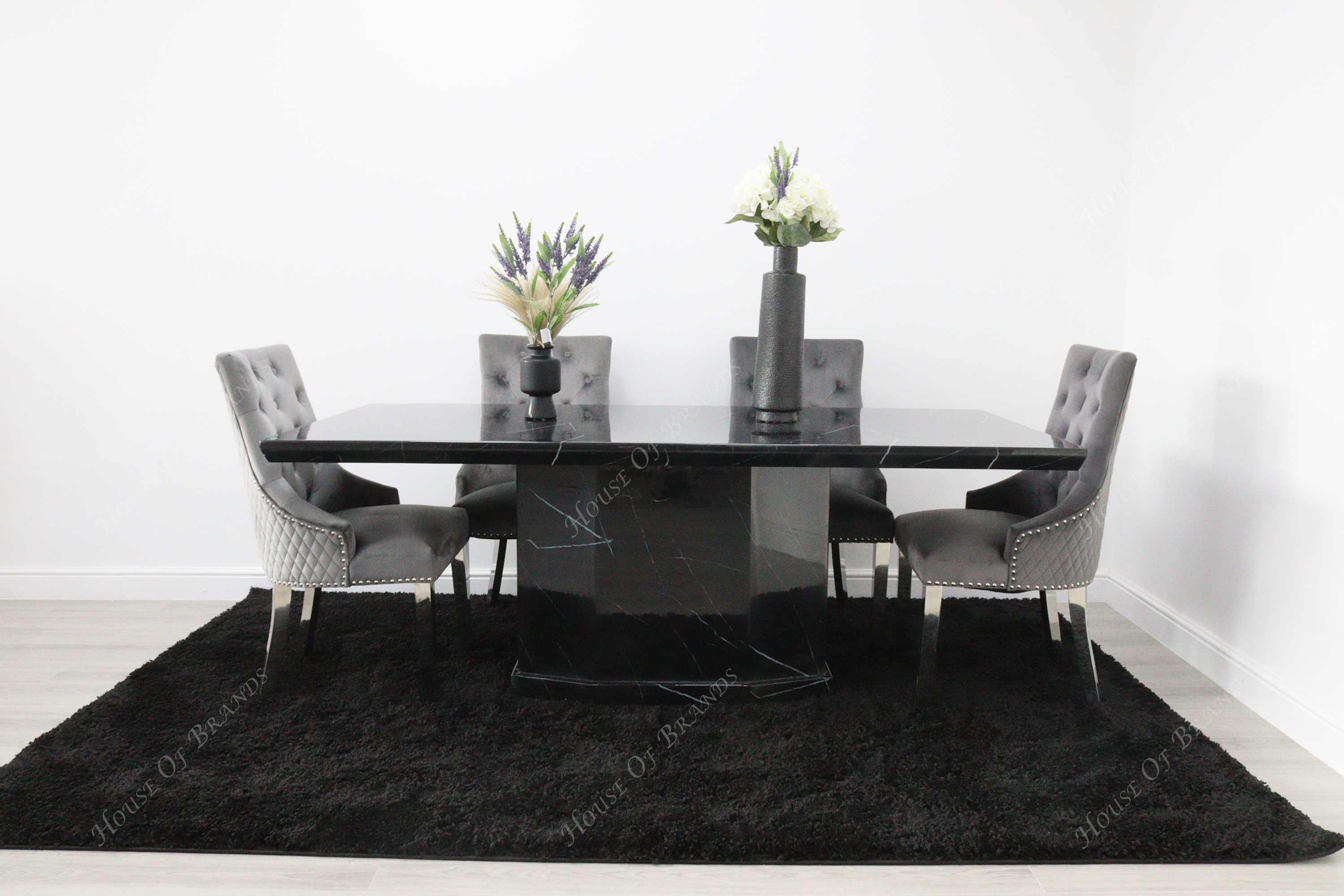Naples Black Marble Dining Table with 4 Majestic Velvet Knockerback Chair