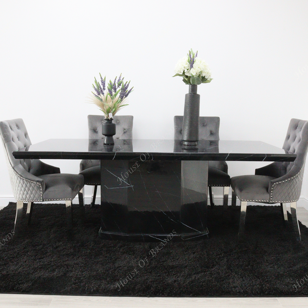Naples Black Marble Dining Table with 4 Majestic Velvet Knockerback Chair