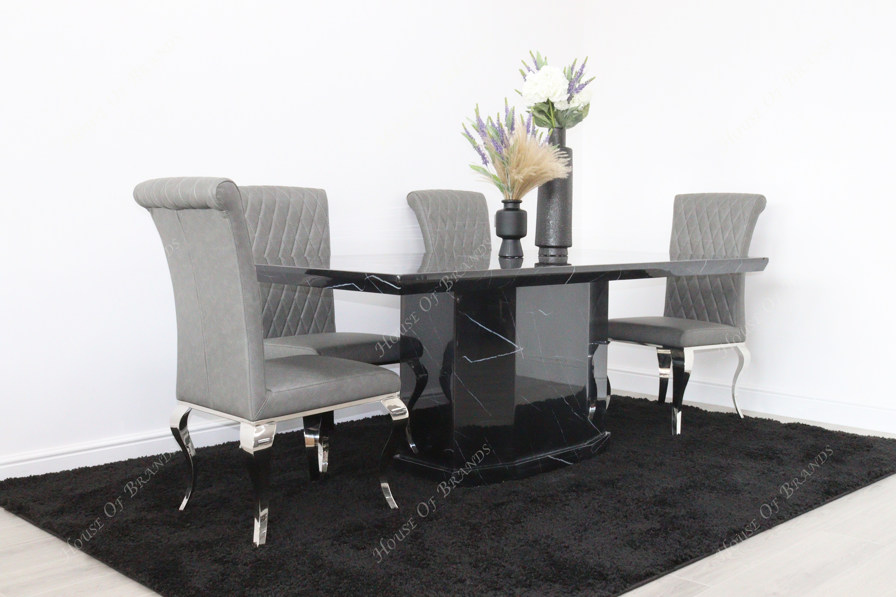 Naples Black Marble Dining Table with 4 Nicole Grey Leather Chair