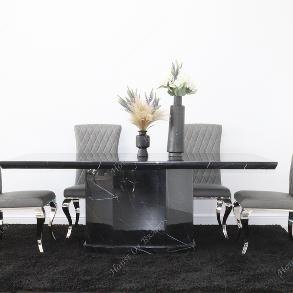 Naples Black Marble Dining Table with 4 Nicole Grey Leather Chair