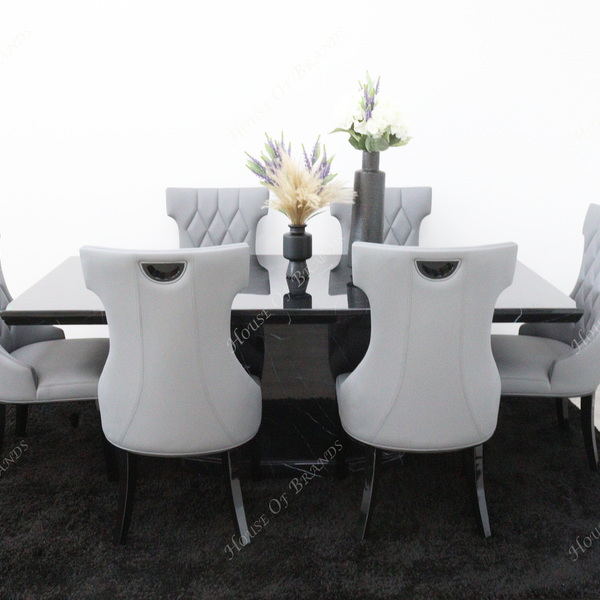Naples Black Marble Dining Table with 6 Mimi Grey Leather Chair
