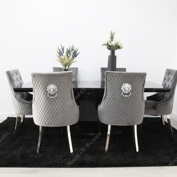Naples Black Marble Dining Table with 6 Majestic Velvet Knockerback Chair