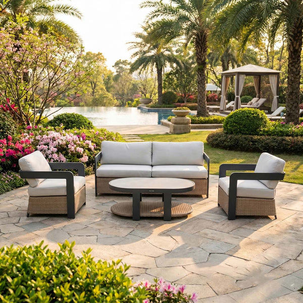 Veyra 5 Seater Aluminium Garden Sofa Set with Sintered Stone Table – Black & Natural Woven Outdoor Lounge Set