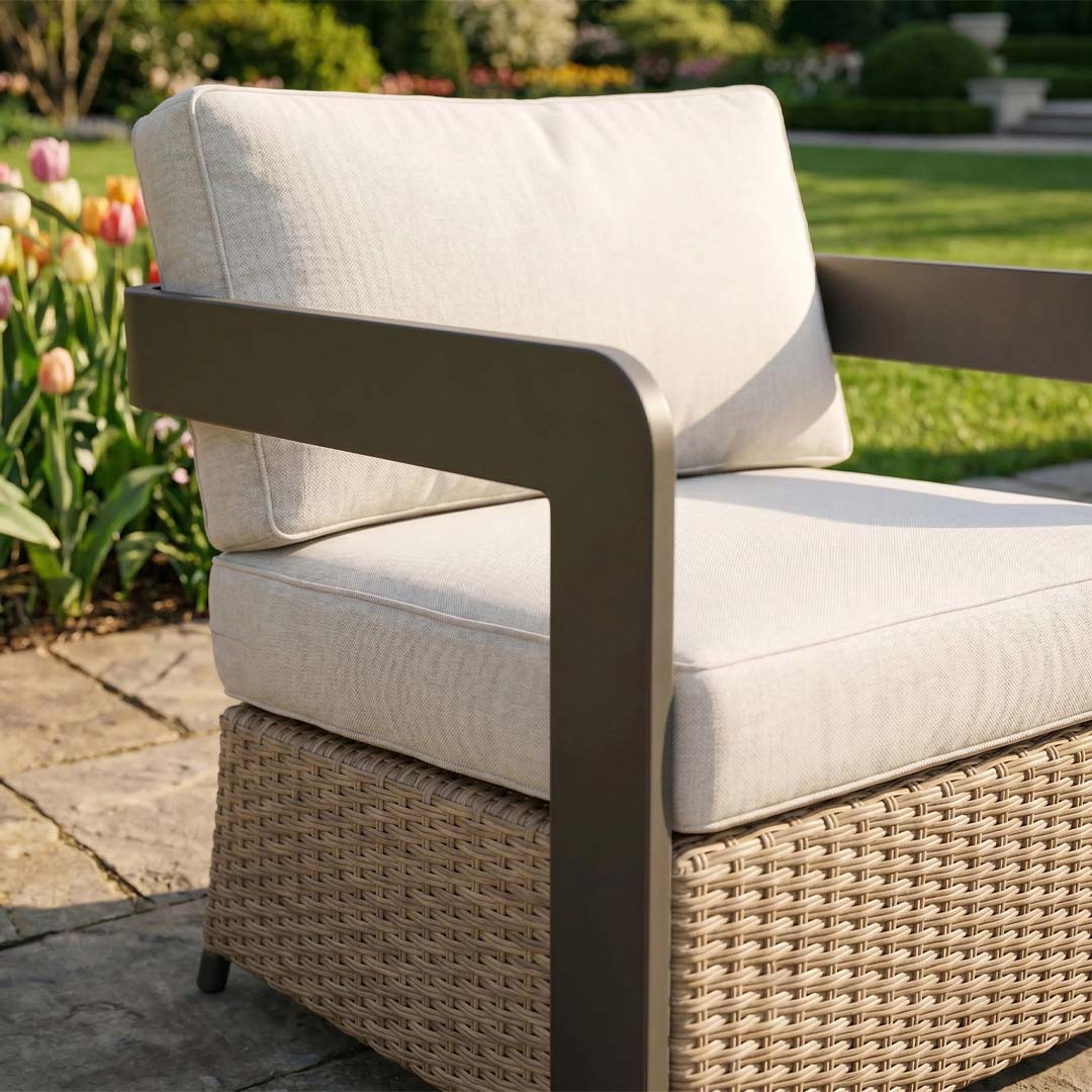 Veyra 5 Seater Aluminium Garden Sofa Set with Sintered Stone Table – Black & Natural Woven Outdoor Lounge Set