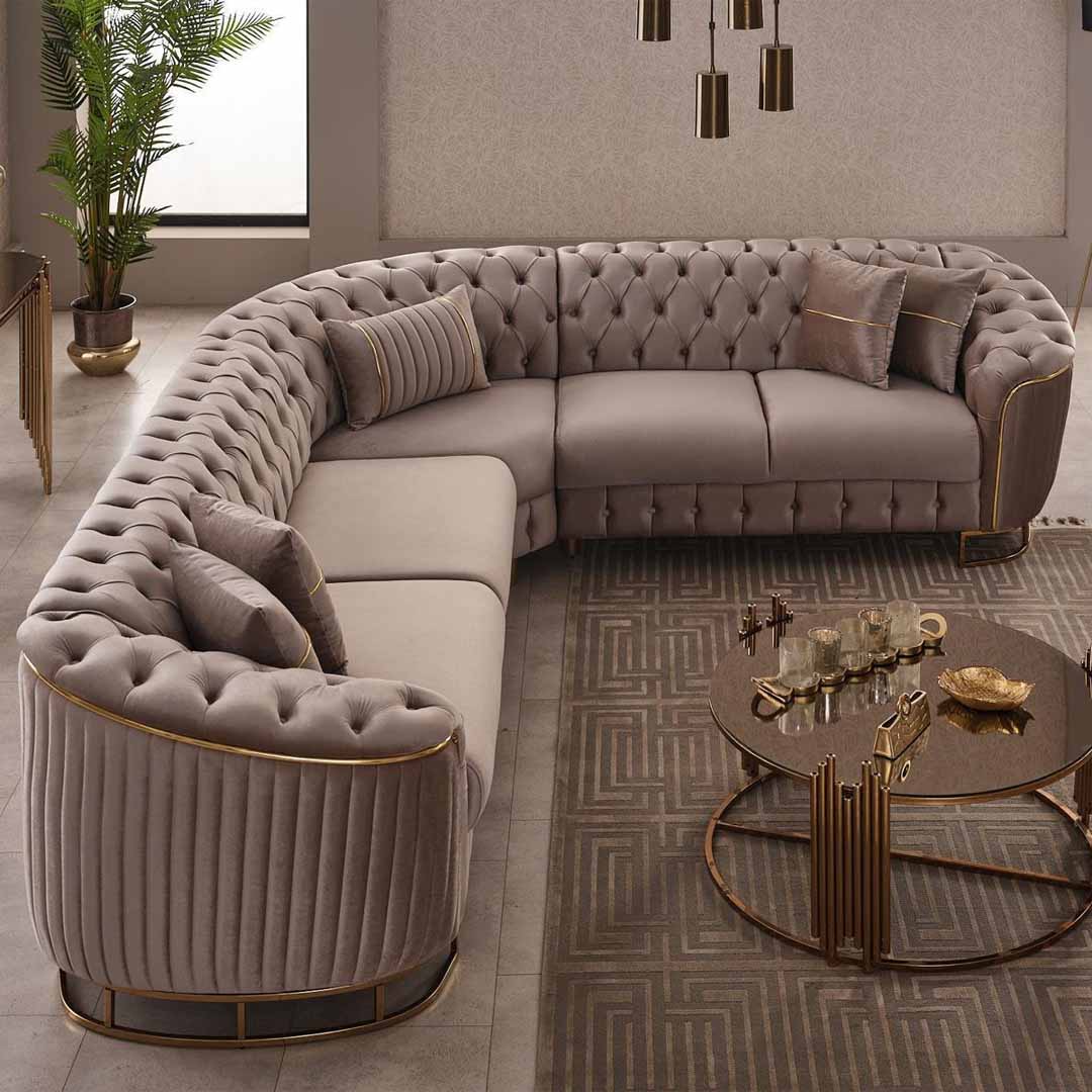 Vienna Luxe C Premium Velvet Corner Sofa – Turkish Chesterfield Style – Champagne Velvet L-Shaped Sofa