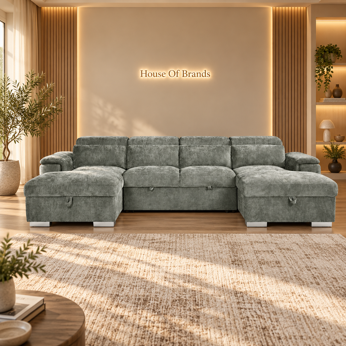 Luna Grey Large U Shape Sofa Bed with Storage