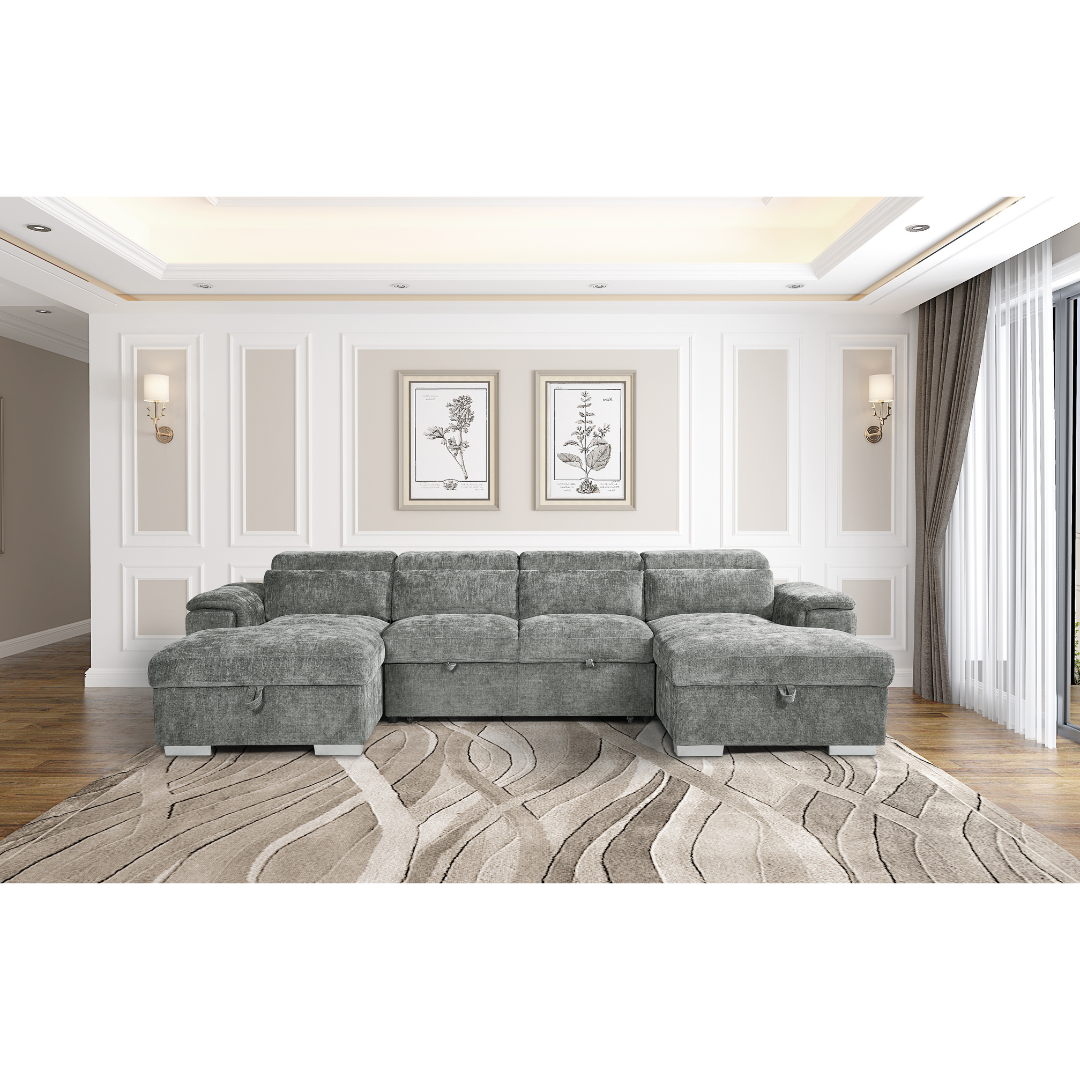 Alaya Grey U-Shape Sofabed with Dual Storage & Adjustable Headrests