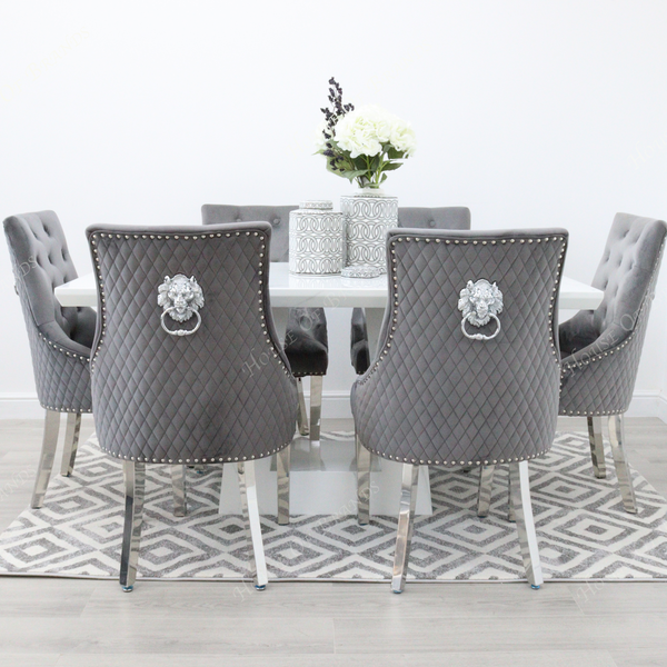 Milan White Marble Dining Table with 6 Majestic Knockerback Velvet Dining Chairs