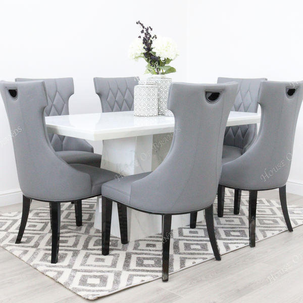 Milan White Marble Dining Table with 6 Mimi Grey Leather Dining Chairs