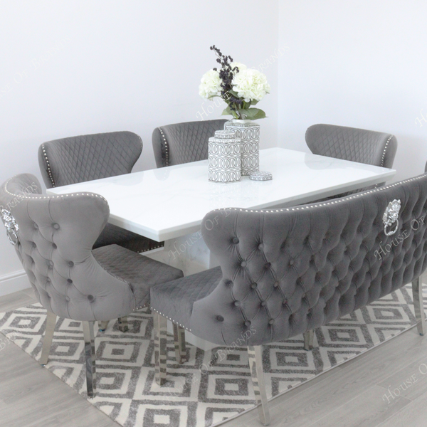 Milan White Marble Dining Table with 4 Valentino Velvet Knockerback Dining Chairs and Valenica Velvet Knocker Bench