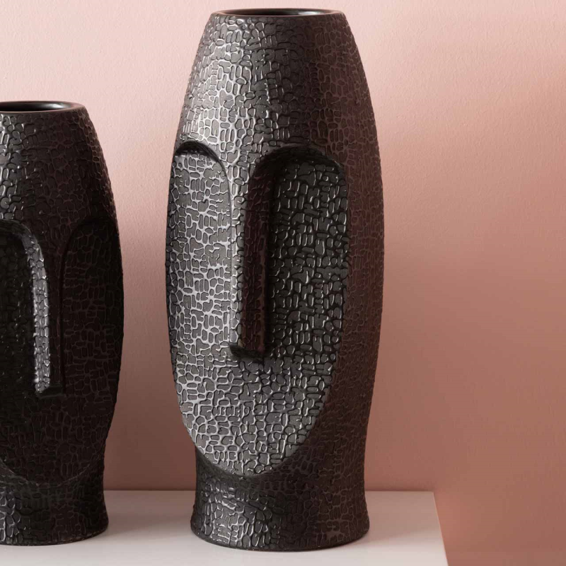 38cm Black Textured Ceramic Face Vase