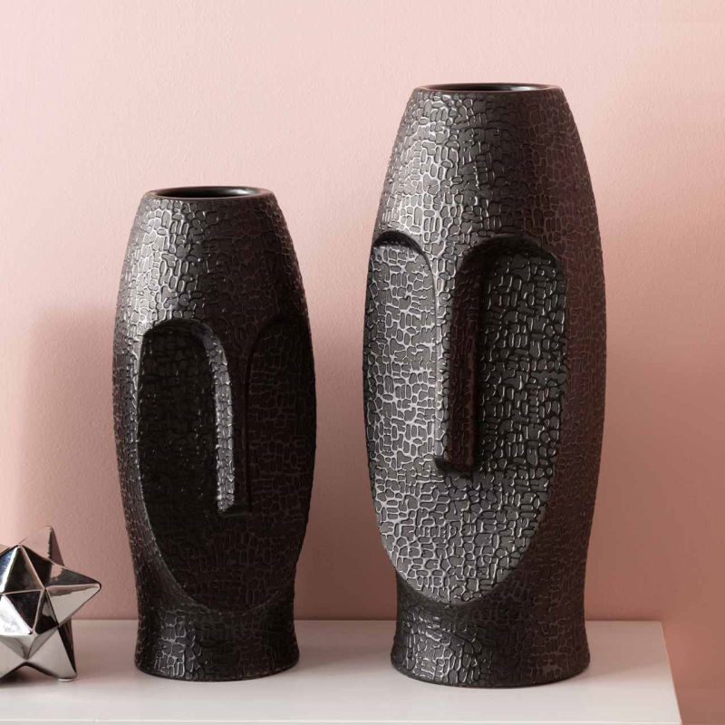 38cm Black Textured Ceramic Face Vase