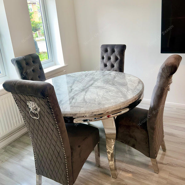 130cm Round Louis Marble Dining Table with 4 Emma Chairs